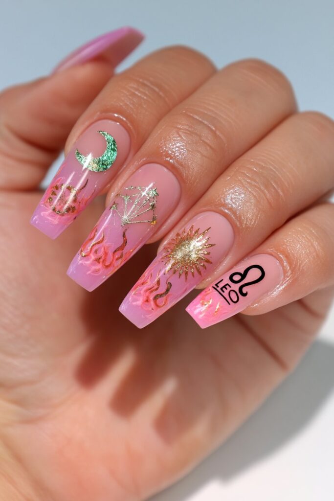 Lavender pink nails with Leo symbols