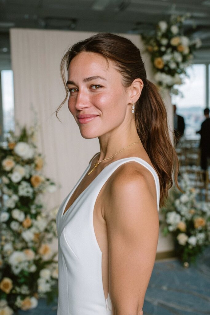 25 Beautiful Bubble Ponytail Hairstyles for Wedding 18 Middle-part sleek bubble ponytail