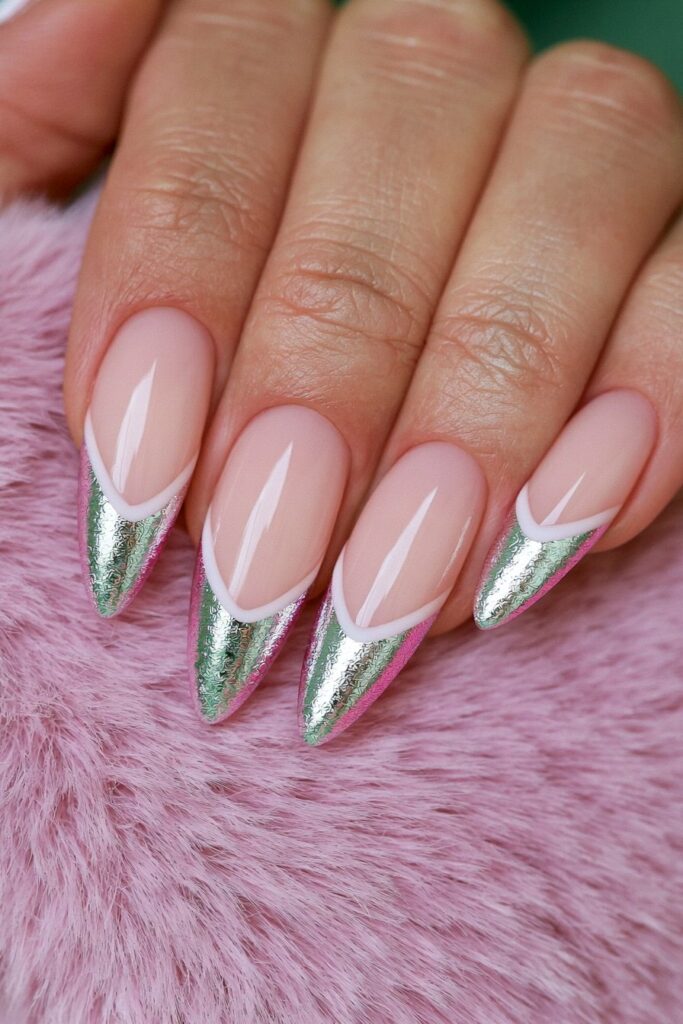 Milky almond nails with chrome tips