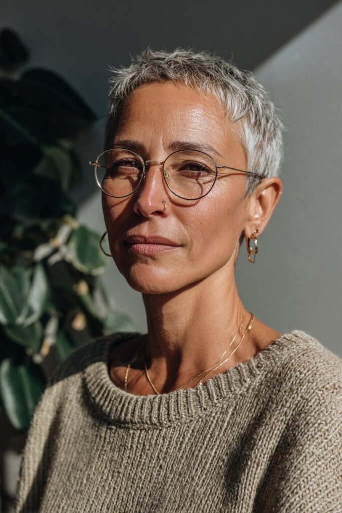 25 Short Hairstyles for Women Over 50 With Glasses 14 Piecey pixie with glasses over 50