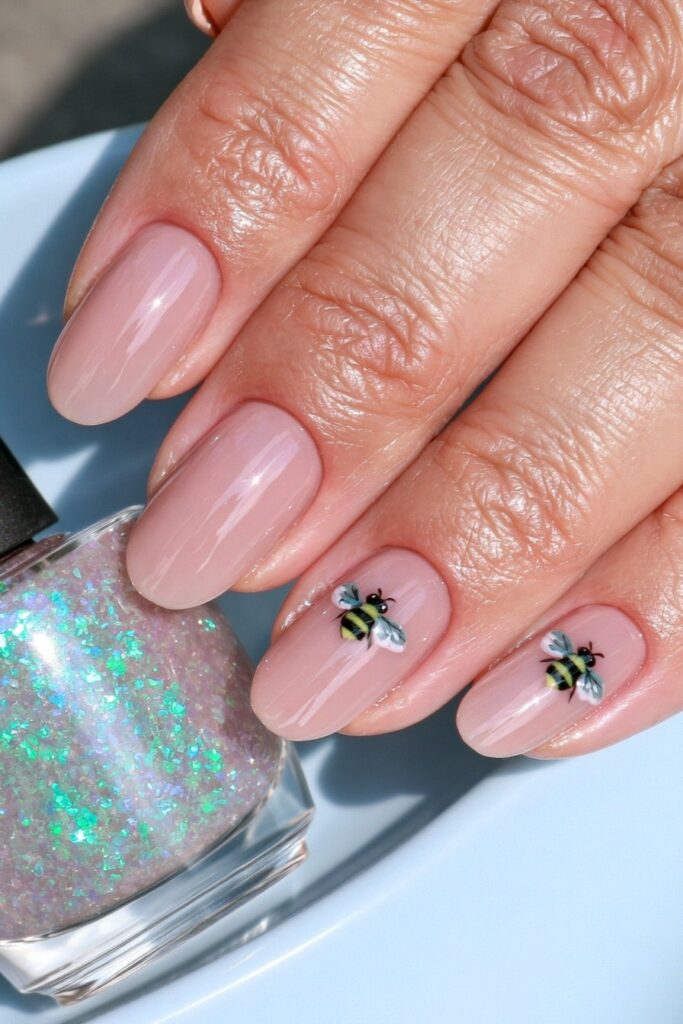 Peach nails with bee accent