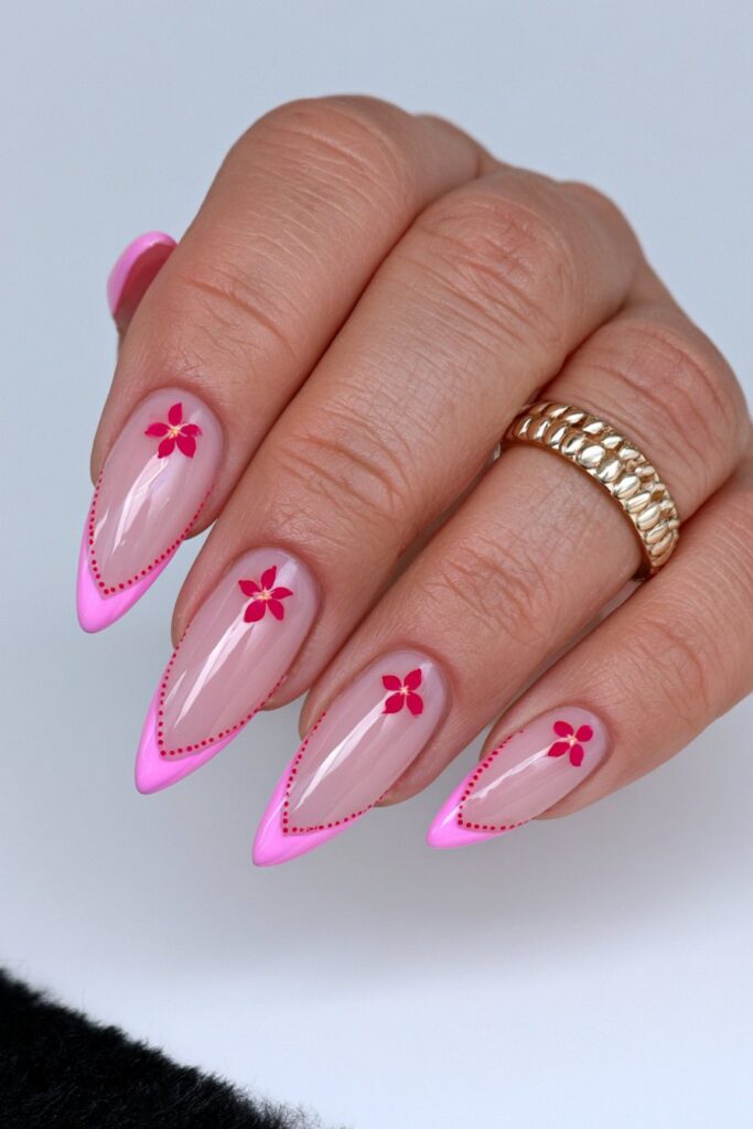 Pink flame-tip almond nails