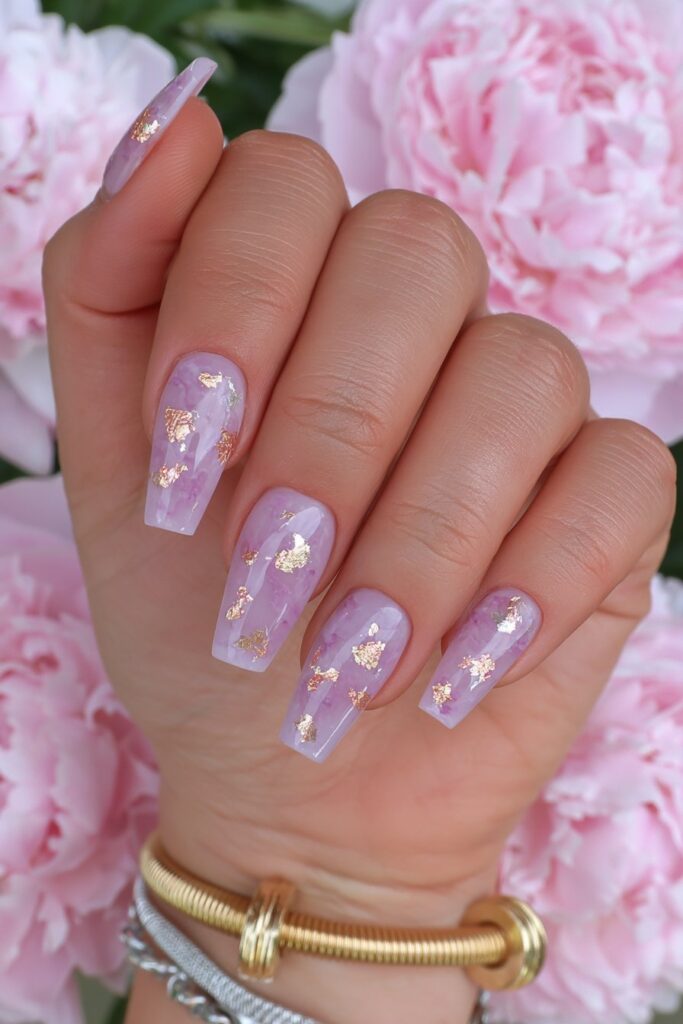 Pink marble nails with gold foil