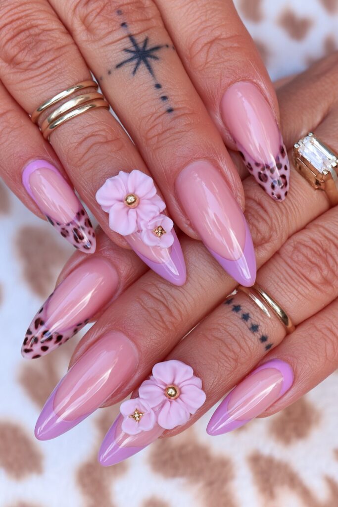 Pink gold leopard almond nails