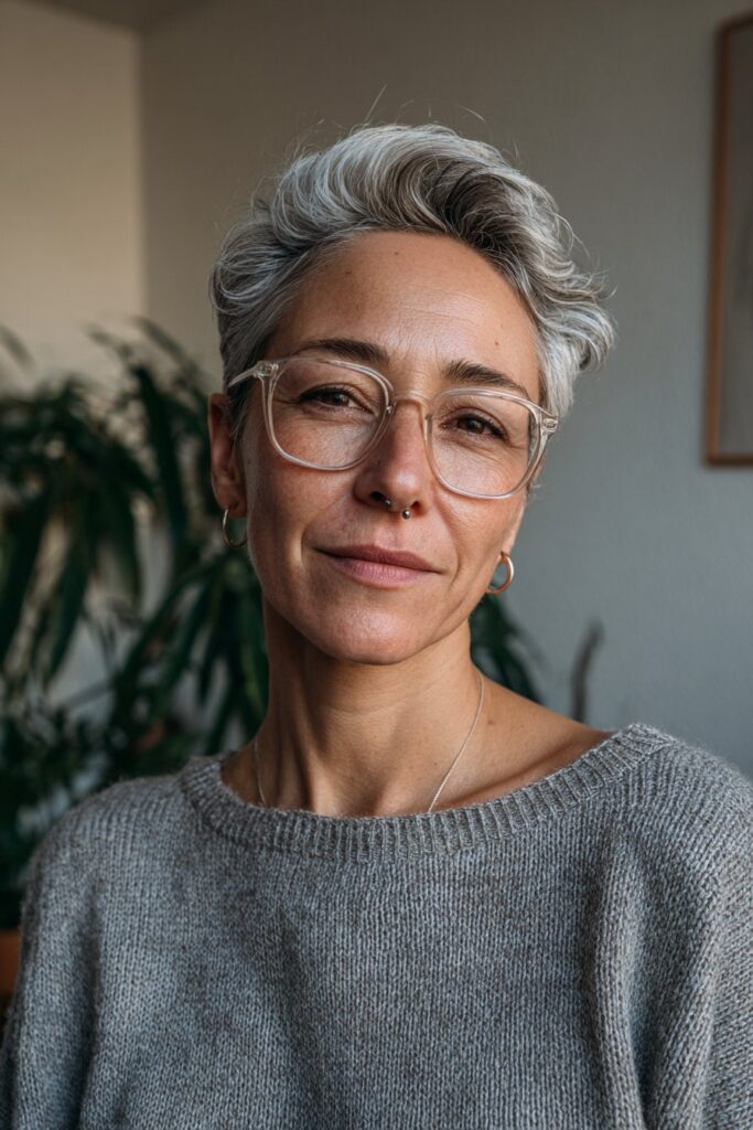 25 Short Hairstyles for Women Over 50 With Glasses 4 Pompadour pixie with glasses over 50