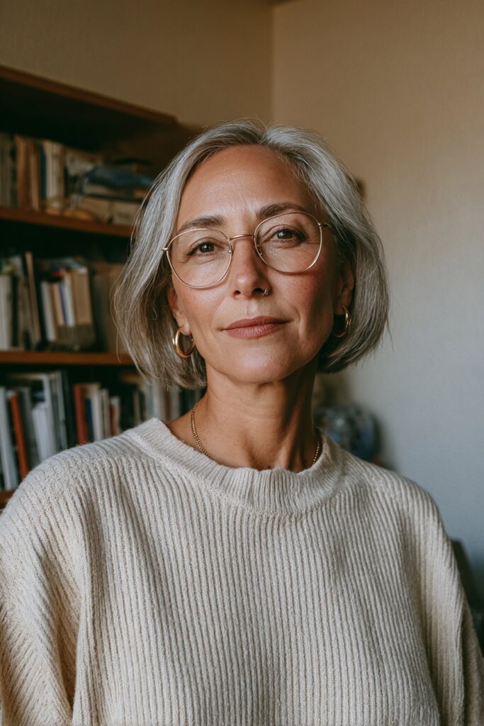 25 Short Hairstyles for Women Over 50 With Glasses 13 Polished chin-length bob with glasses