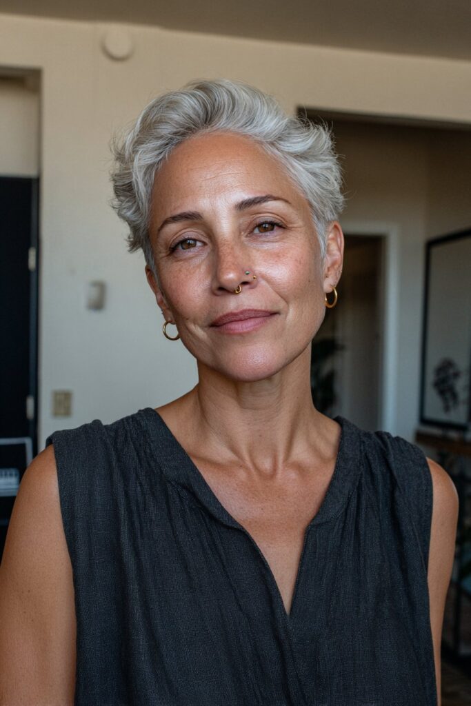 Grey pompadour pixie for women over 50