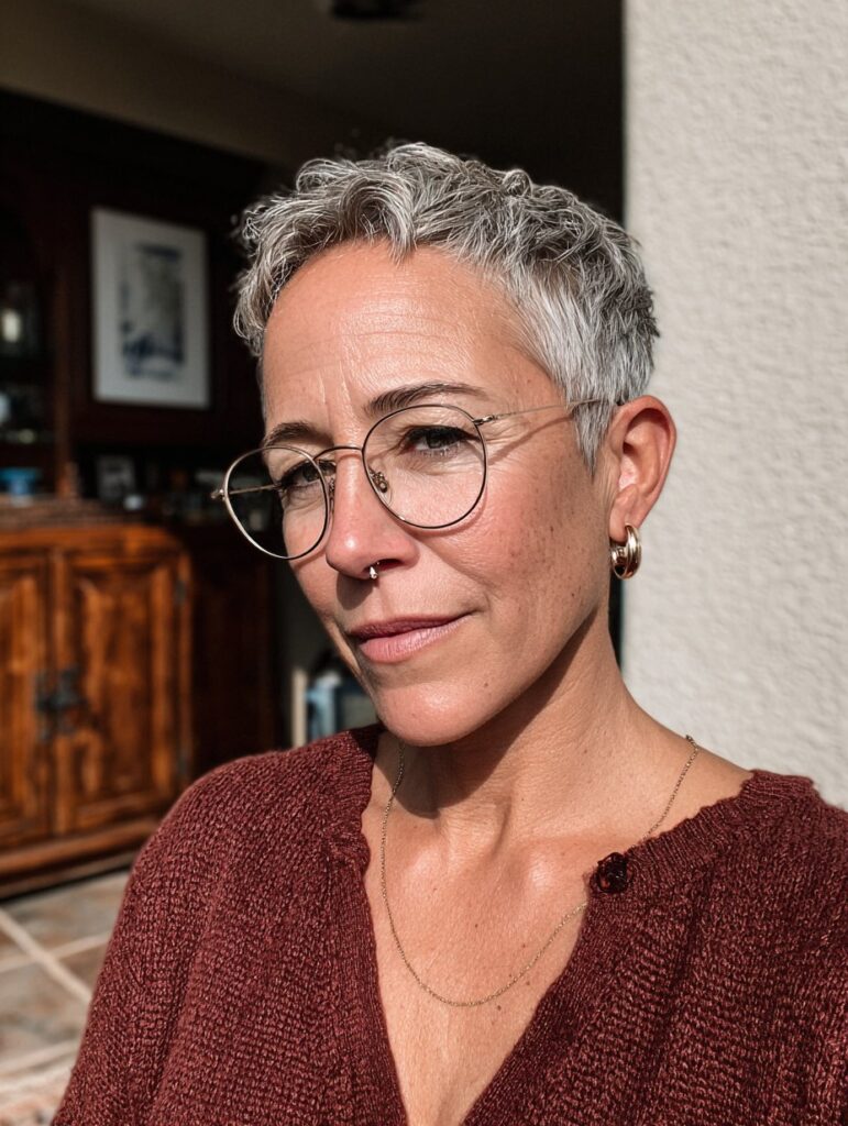Razor cut choppy pixie with glasses