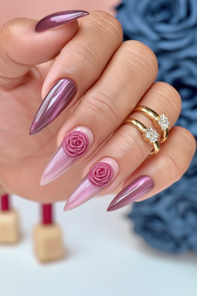 Rose cat-eye nail design