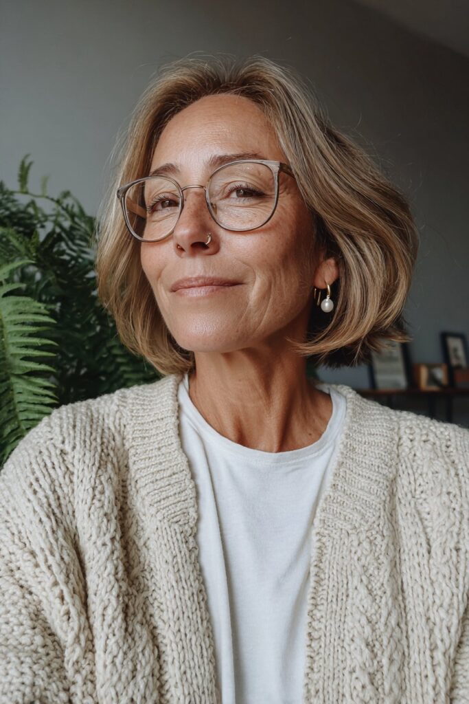 25 Short Hairstyles for Women Over 50 With Glasses 22 Honey-blonde bob with glasses over 50