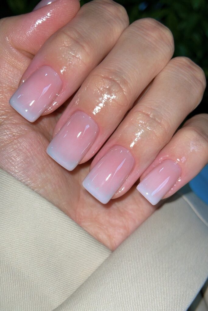 Short square milky nude nails