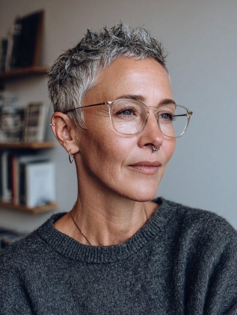 Spiky choppy pixie with glasses over 50