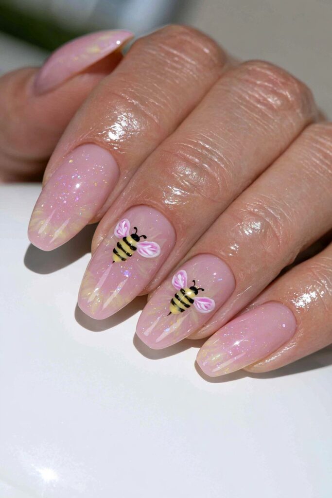 Sunflower yellow nails with bee