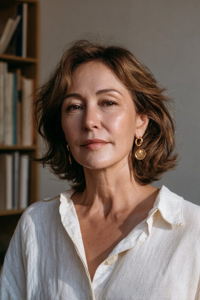 25 Layered Lob Hairstyles for Women Over 50 That Add Volume 6 Textured lob with curtain bangs