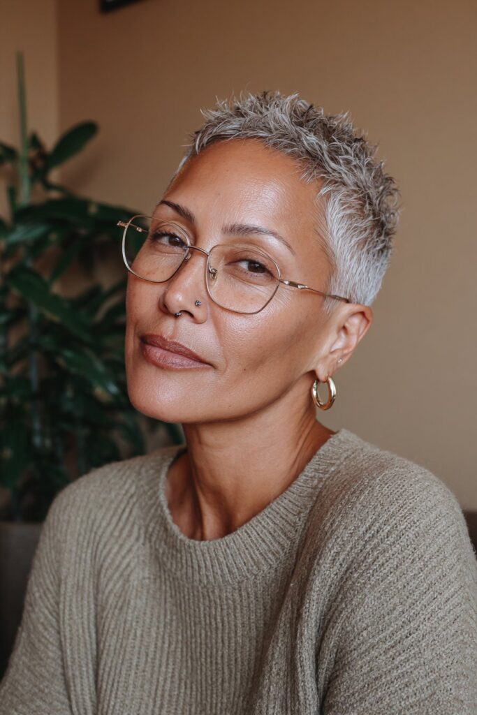 25 Short Hairstyles for Women Over 50 With Glasses 2 Spiky textured pixie with glasses over 50