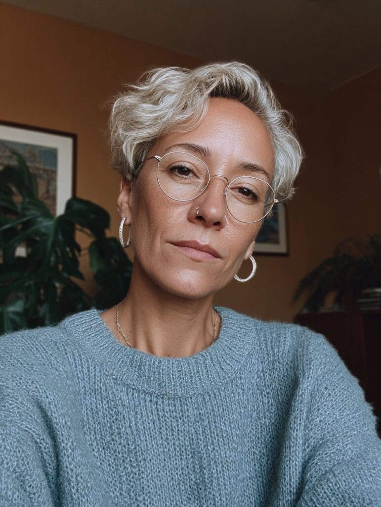Tousled choppy pixie with glasses over 50
