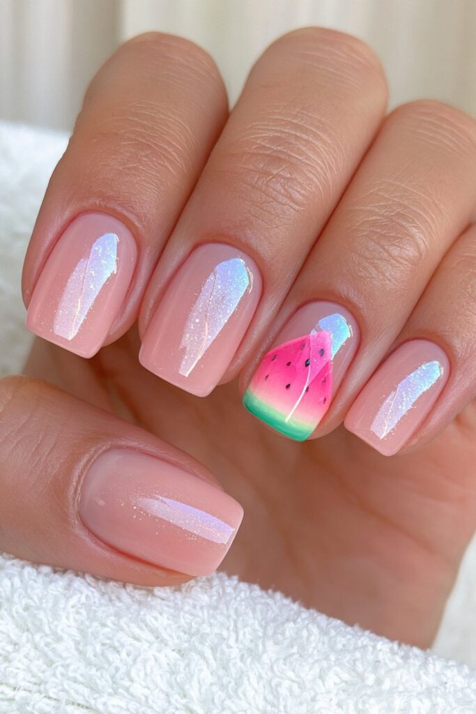 Watermelon accent short nails