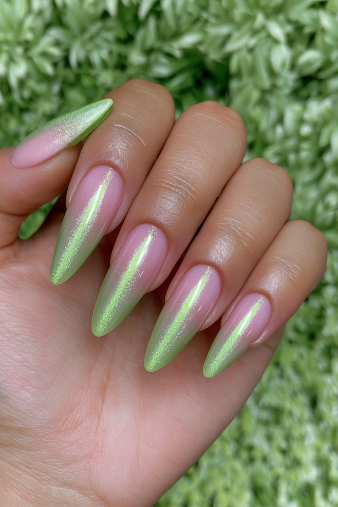 Peridot green chrome nails
