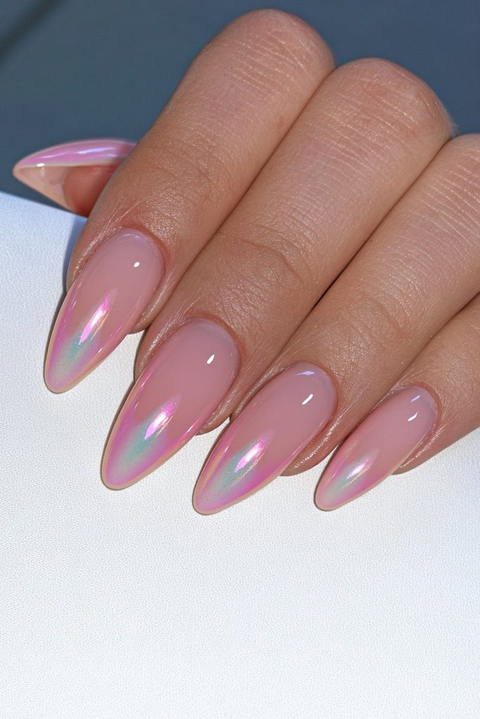 Baby pink glazed donut nails with delicate luminous shimmer