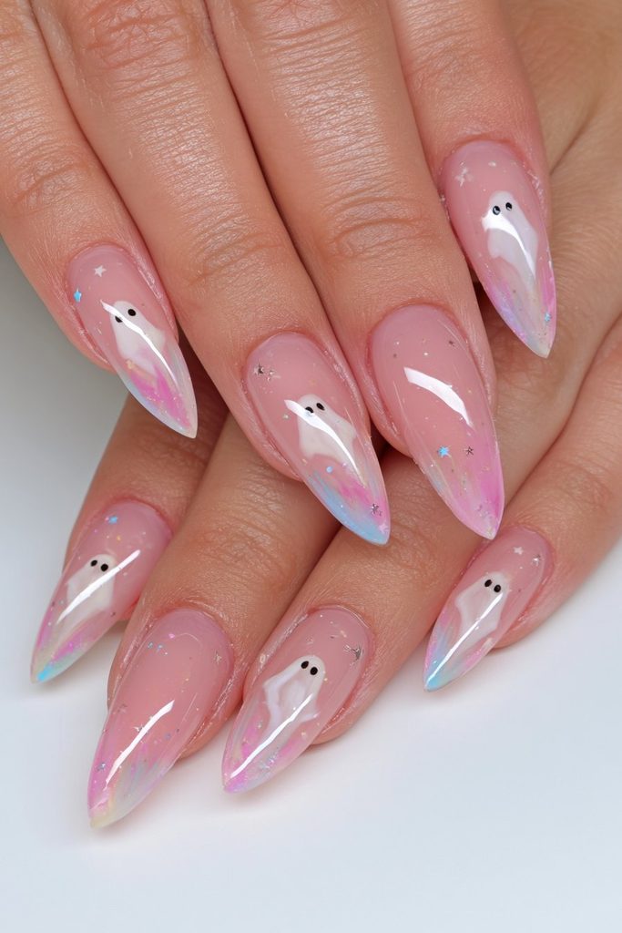 20 Pink Halloween Nails For This Spooky Season 2 Baby pink ghost accent nails