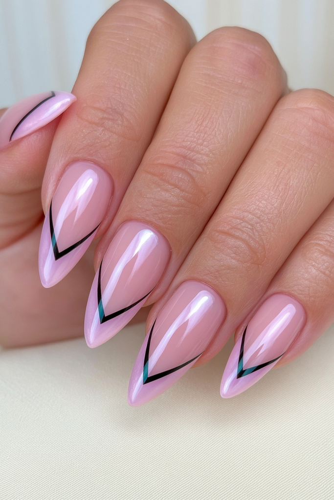 Smoky gray nails with modern black chevron French tips