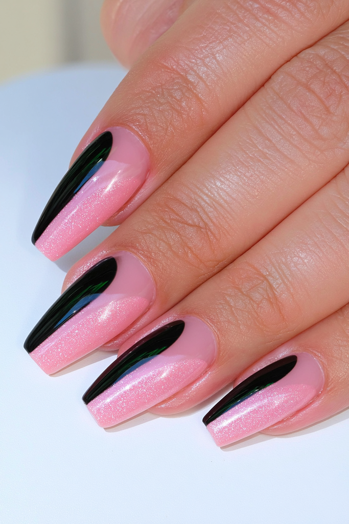 Black and soft pink velvet nails with contrasting shimmer