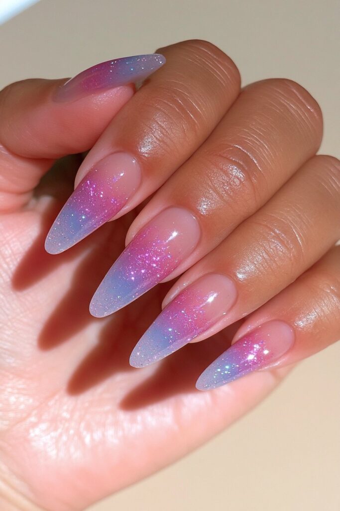 22 Blue Jelly Nail Designs for a Sheer, Glassy Manicure 13 Blue jelly ombré glitter nails
