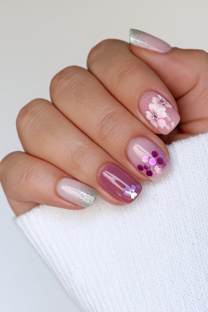 Blush sage ombré cherry blossom nails