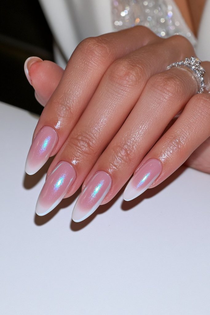 Elegant bridal glazed donut nails with soft pearly shine