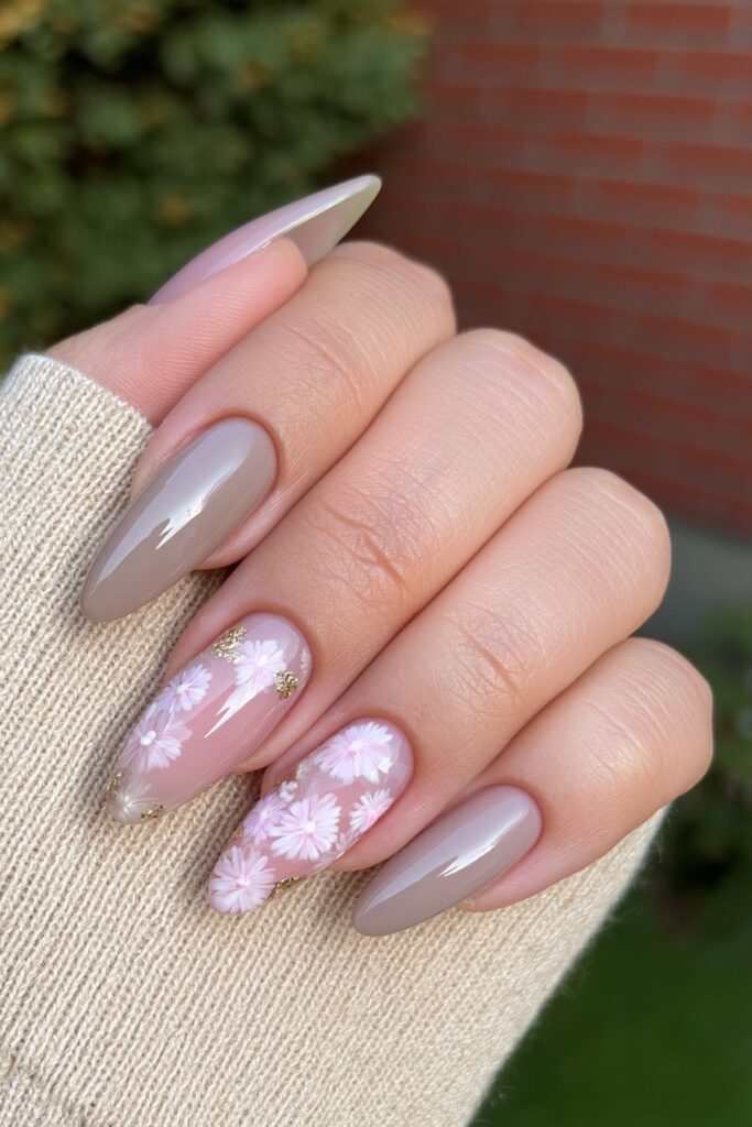 Brown nails with green floral accents