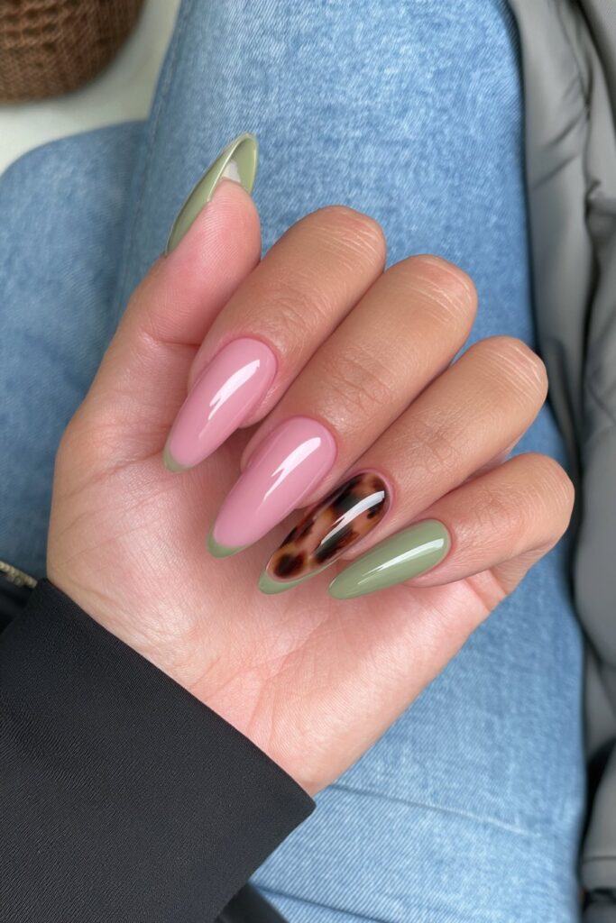 Brown tortoiseshell green accent nails
