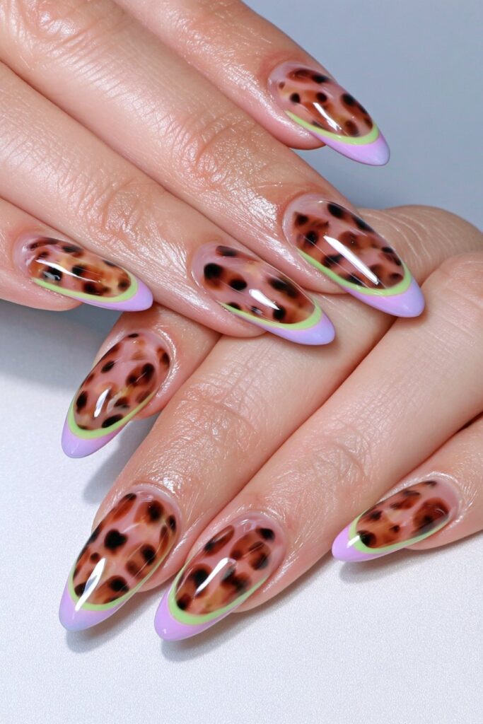 Brown green animal print nails