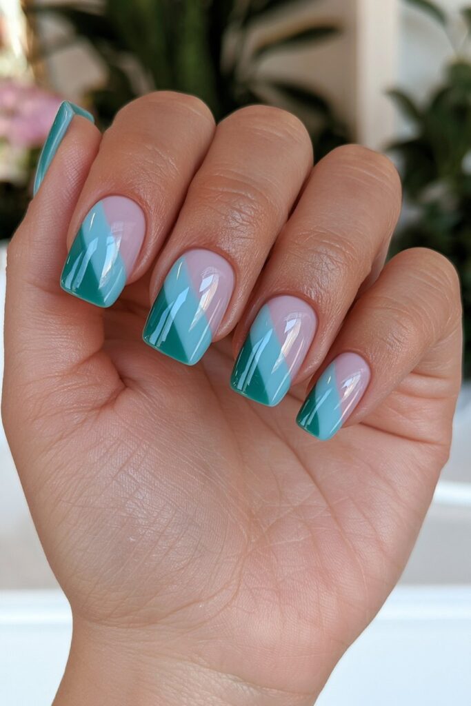 Brown green diagonal color-block nails