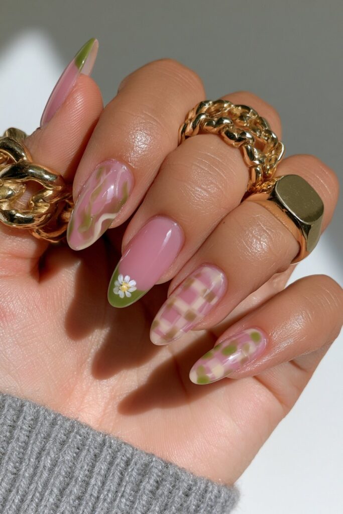 Brown green plaid almond nails