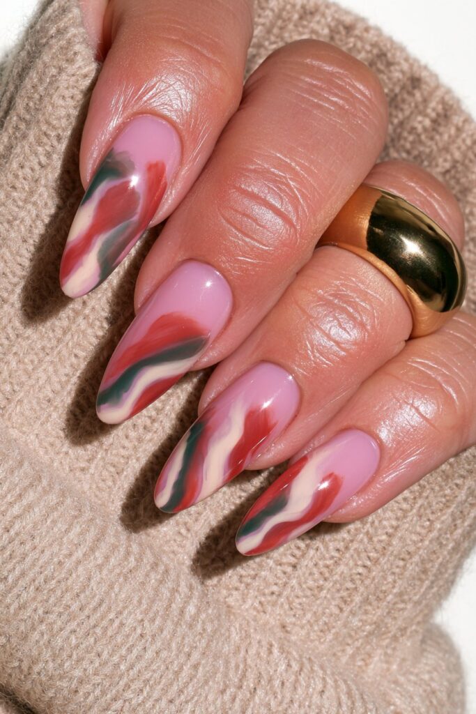 Brown green striped almond nails