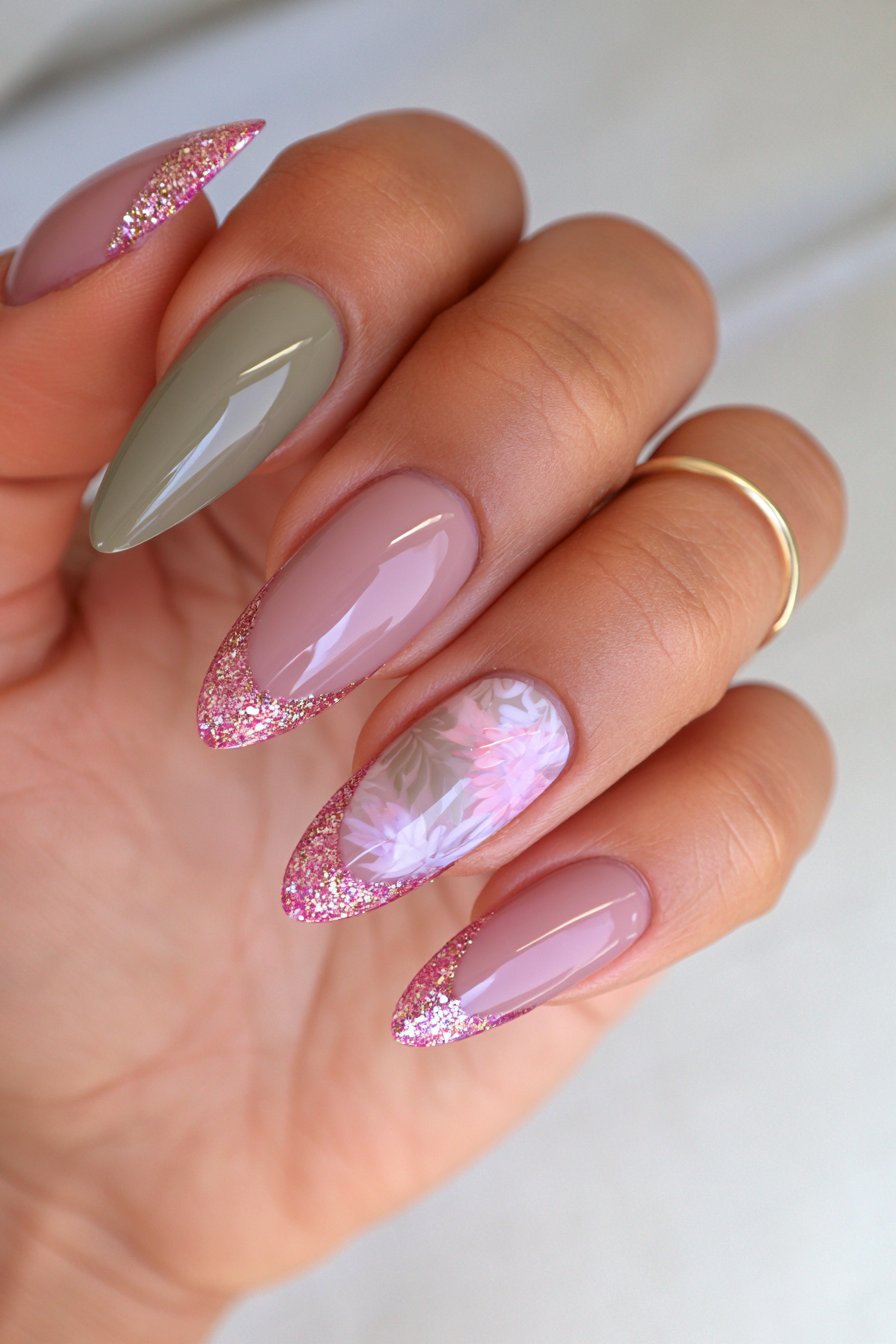 Brown and Olive Skittle Almond Nails