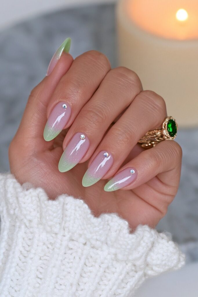Bubble bath green rhinestone nails