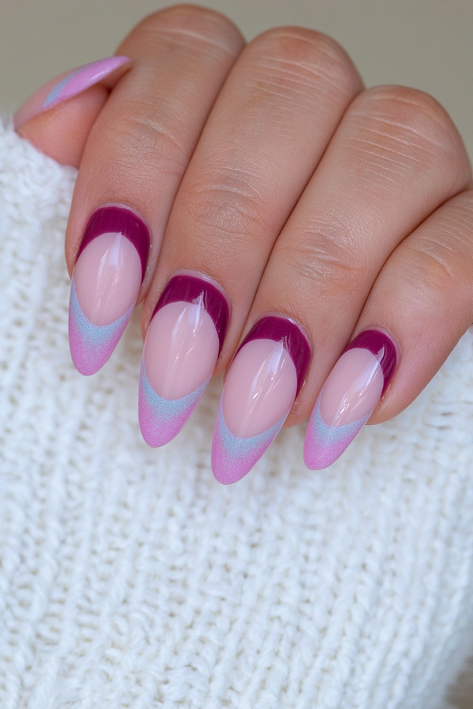 Elegant nude nails with deep burgundy French tips