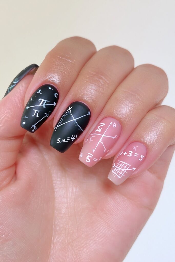 25 Back to School Acrylic Nails for Real Nail Art 6 Chalkboard math formula coffin nails