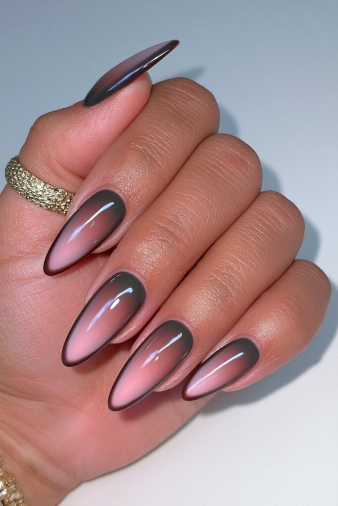 Chocolate brown olive green almond nails