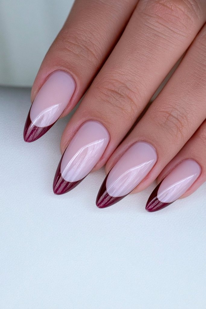 Elegant nude nails with rich chocolate brown French tips