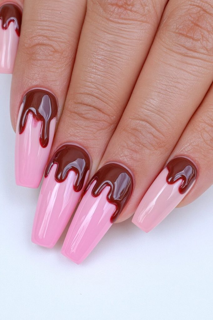 Chocolate brown nails with glossy dripping glaze nail art