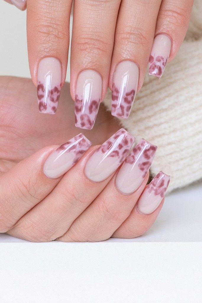 Chocolate brown nails with chic leopard print accents