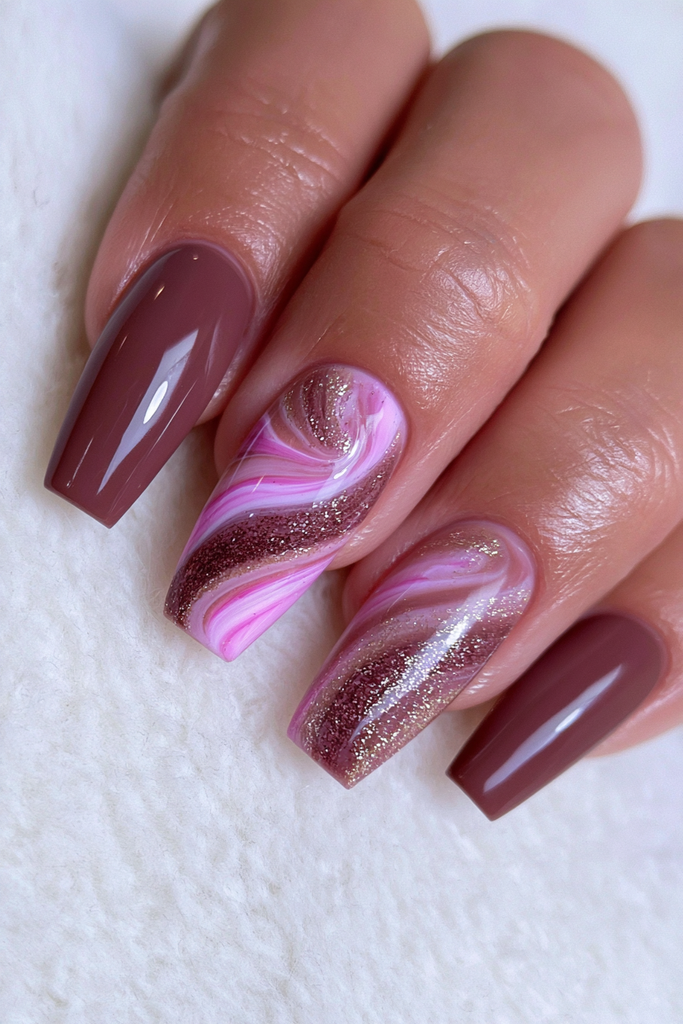Chocolate nails with glittery abstract accent for festive sparkle