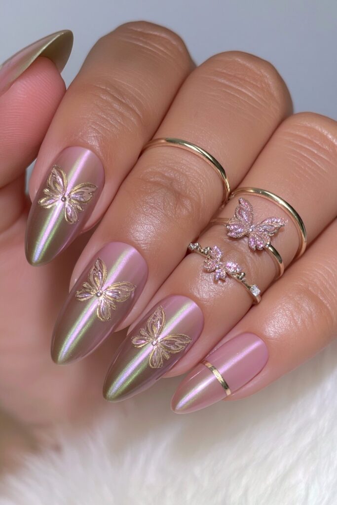 Chrome brown green cat-eye nails