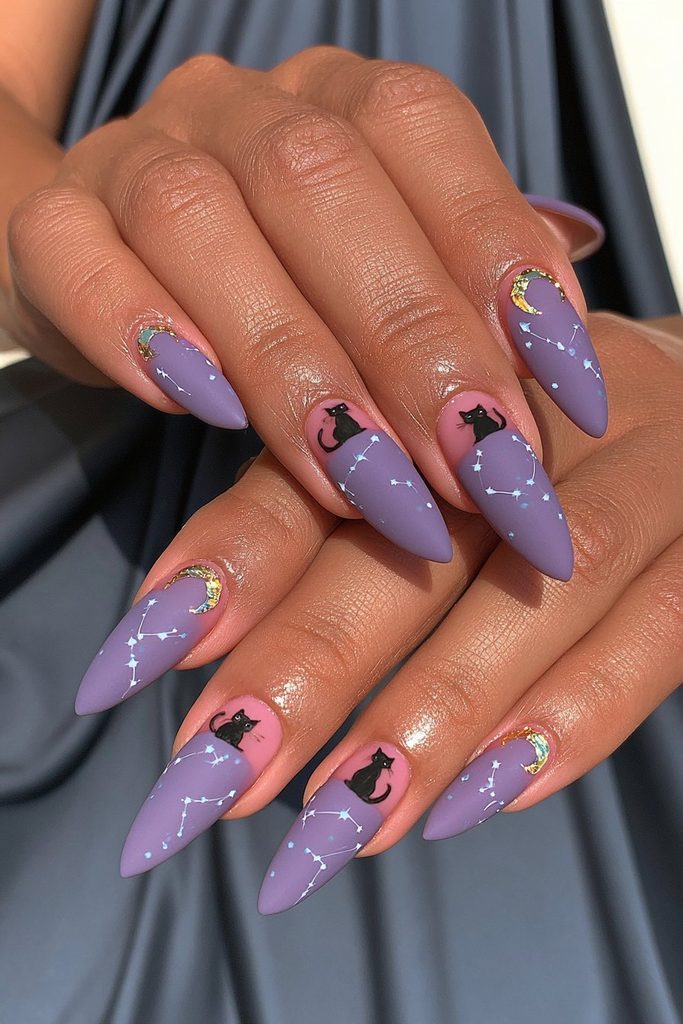 25 Almond Halloween Nails That Are Spooky, Not Over-the-Top 12 Black cat silhouette accent nails
