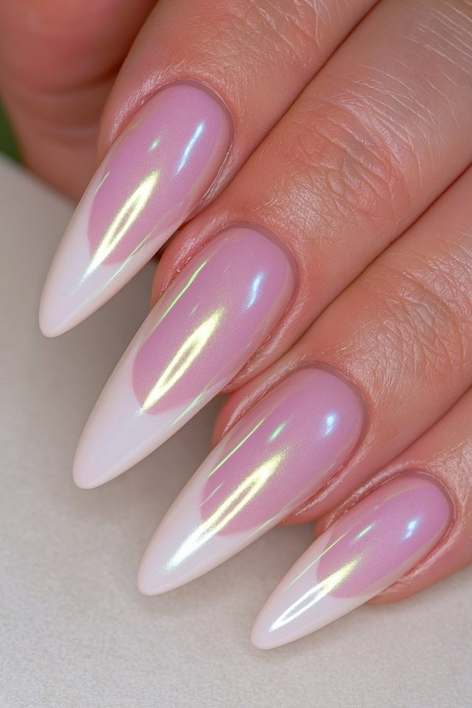 Classic milky nude glazed donut nails with pearly shine