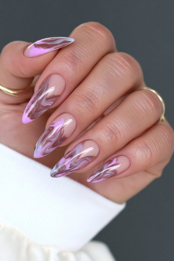 Coffee marble almond nails