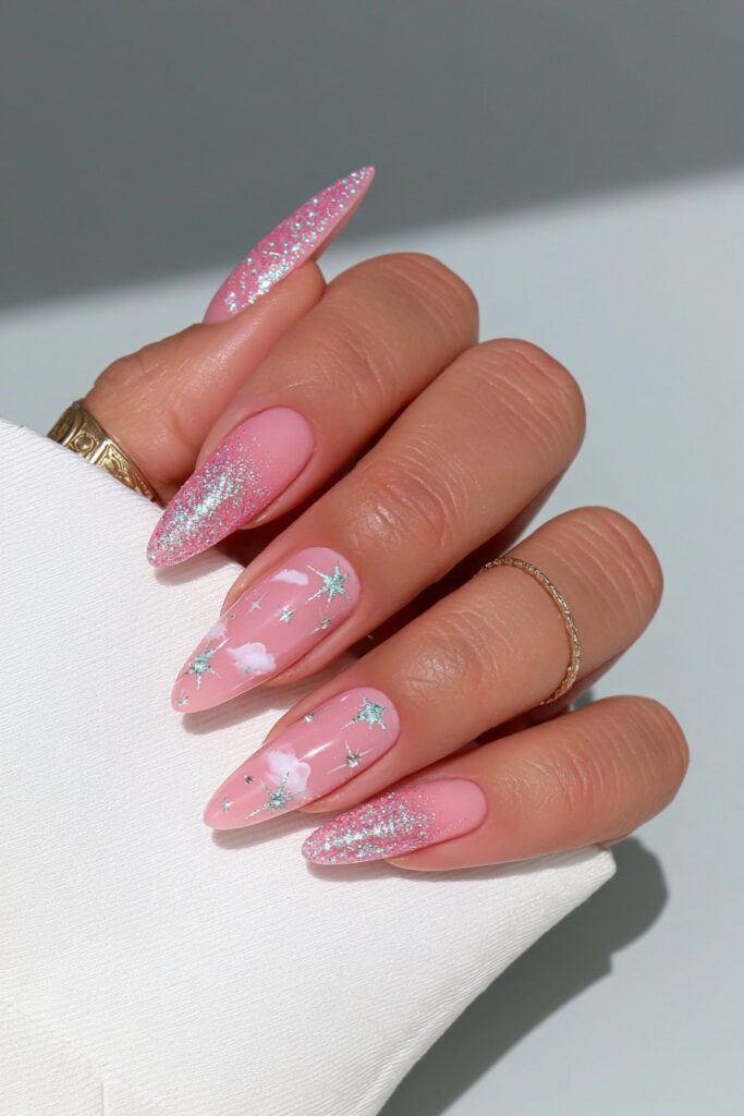 Coquette pink cat-eye pearl nails