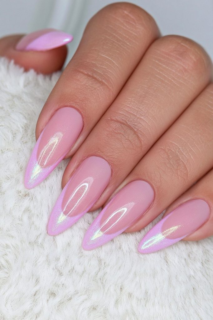 Coral peach glazed donut nails with warm pearly glow
